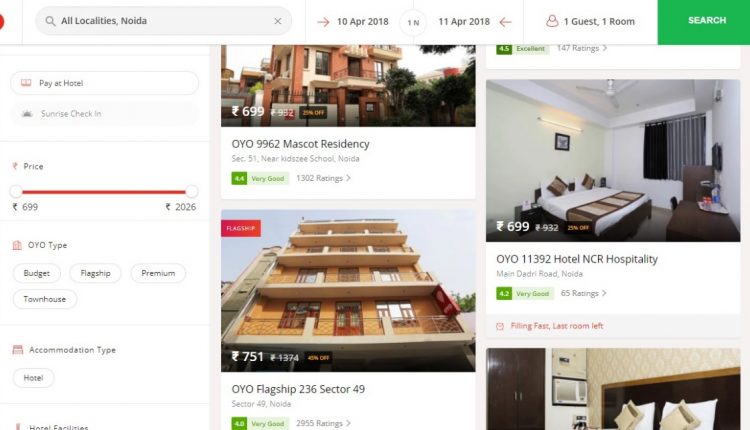 Online properties options available at Noida through OYO (This is only a screenshot of the online booking site and in no way claims shown option to be flouting any norms)