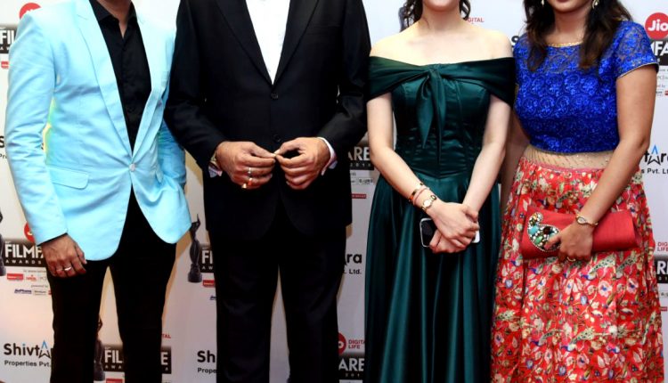 Nirav Hingoo (CEO, Youdly), Anu Malik and his daughter singer Anmol Malik & Mrs. Hingoo at the Filmfare Awards as Youdly proudly partnered with the esteemed awards