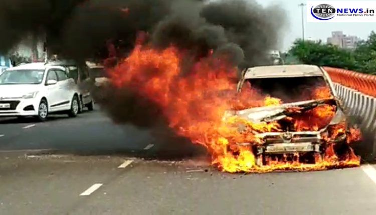 Car catches fire in Noida, driver jumps to save life
